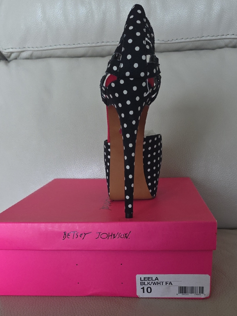 Betsey Johnson Black & White Polka Dot Platform Heels with Red Lining - Picture 2 of 4